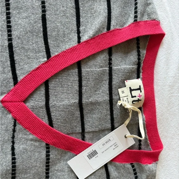Label and Thread - Gray Striped V-Neck Sweater with Red Trim